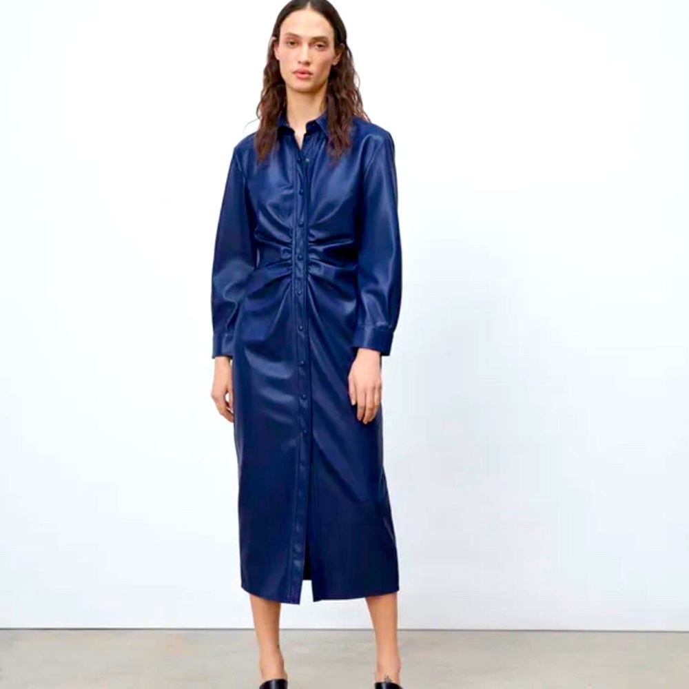 Zara Blue Button Up Faux Leather Midi Shirt Dress